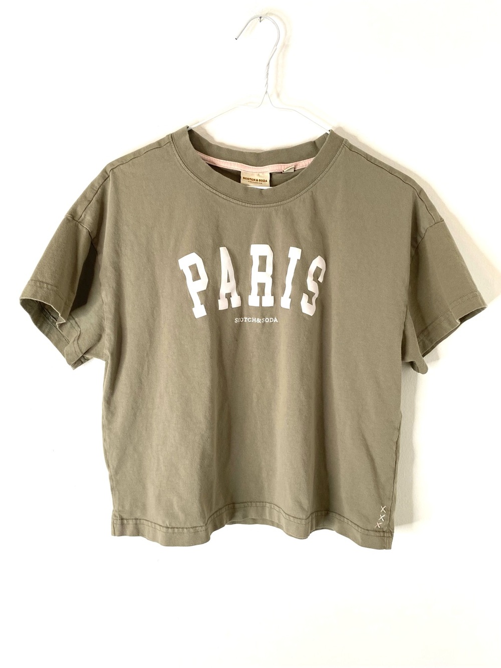 Scotch & Soda Paris Olive Green Boxy City Graphic Cropped Cotton Tee
